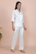 Velure Adorable Paisley Print Satin Night Suit - Velure - - 3/4 Sleeves, Collar Neck, Front Button Open, Full Length Pant, Printed, Satin