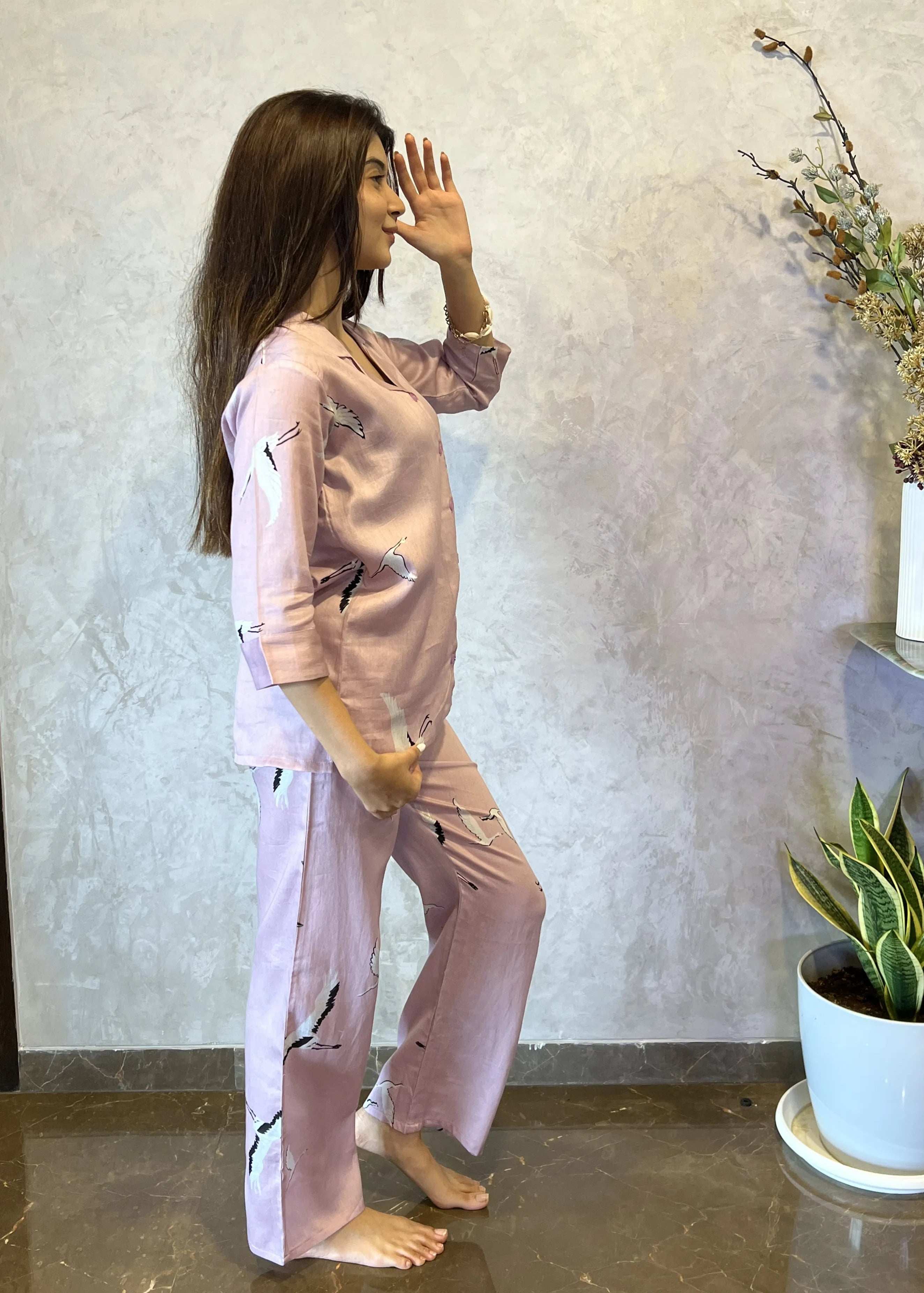 Velure Pink Swan Cotton Night Suit - Velure - - 3/4 Sleeves, Collar Neck, Cotton, Front Button Open, Full Length Pant, Printed
