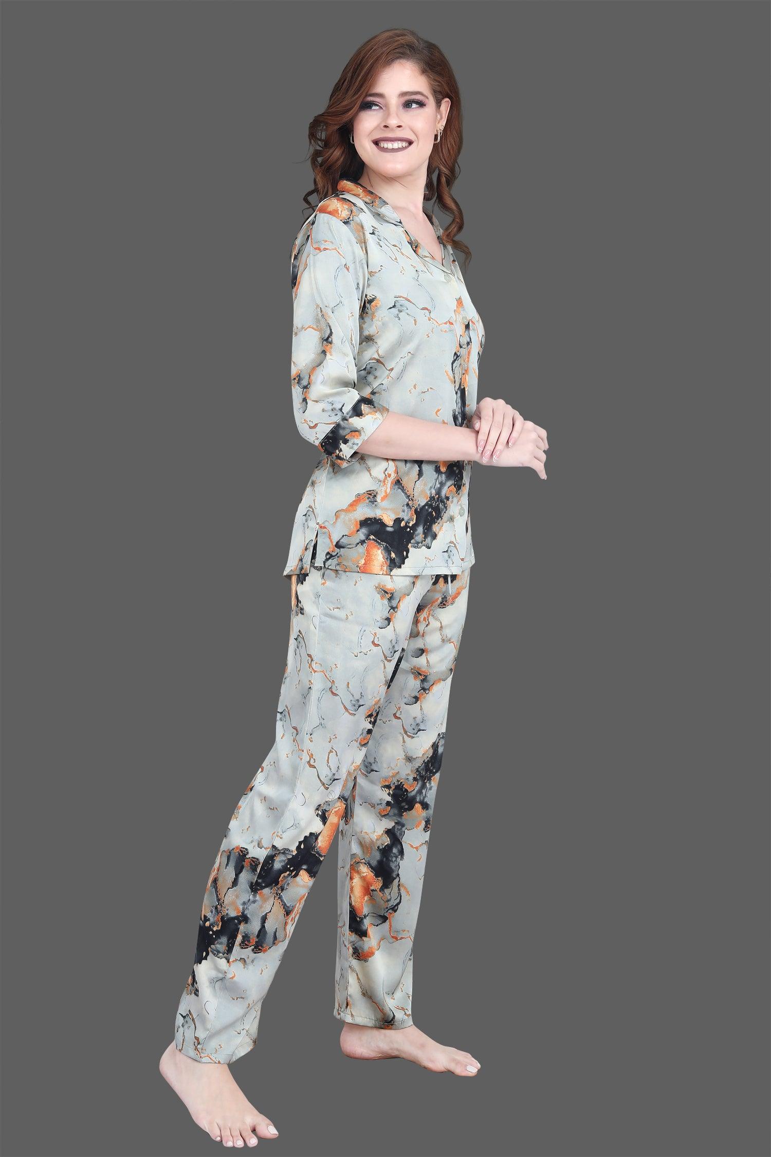 Velure Stunning Multi-Color Satin Print Night Suit - Velure - Shirt and Pant - 3/4 Sleeves, Abstract Print, Front Button Open, Full Length Pant, Satin