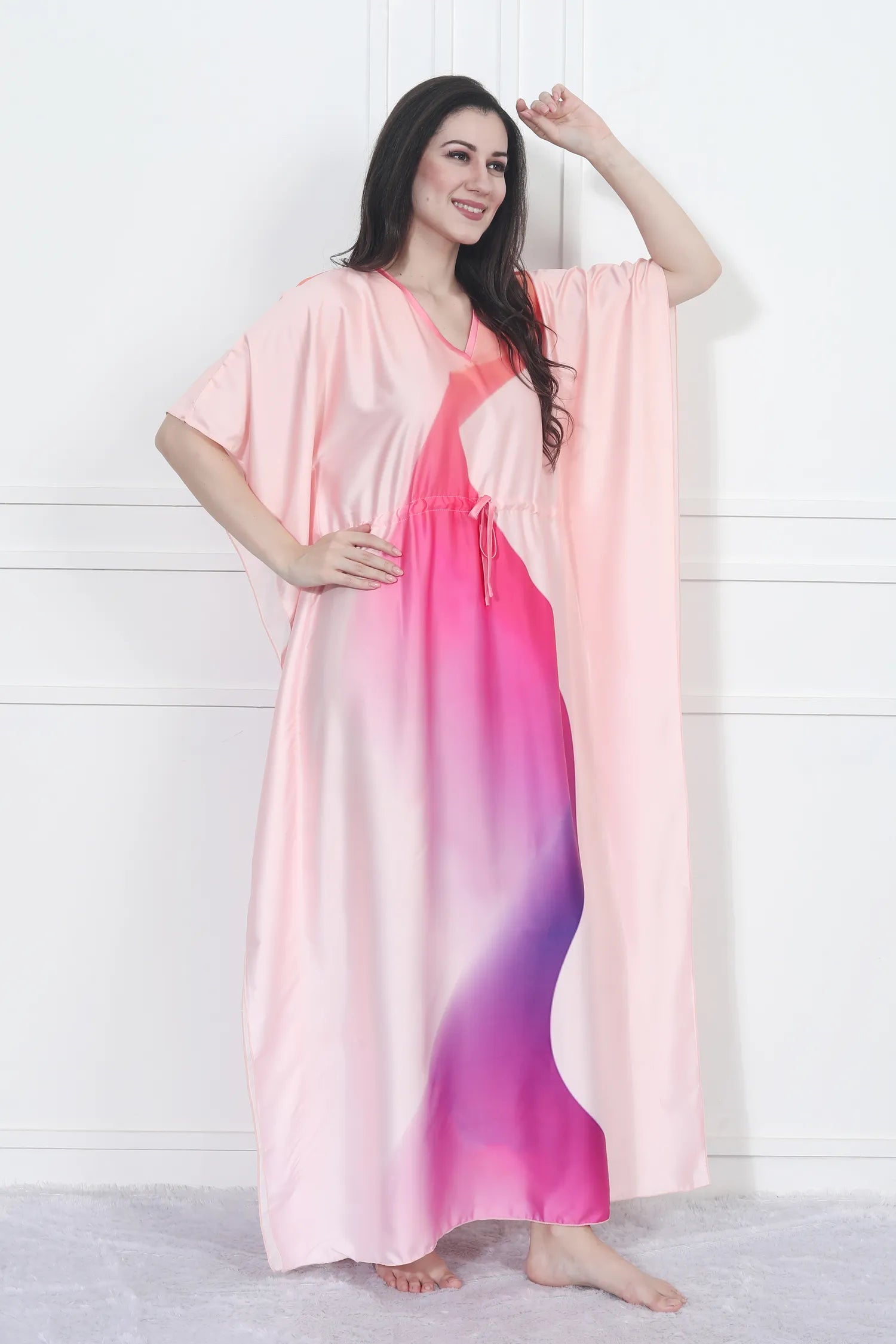 Velure Embellished Gradient Kaftan - Velure - - Center Drawstring, Full Length Nighty, Satin