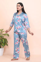 Velure Classic Elegant Floral Print Night Suit - Velure - - 3/4 Sleeves, Collar Neck, Floral Print, Front Button Open, Full Length Pant, Satin