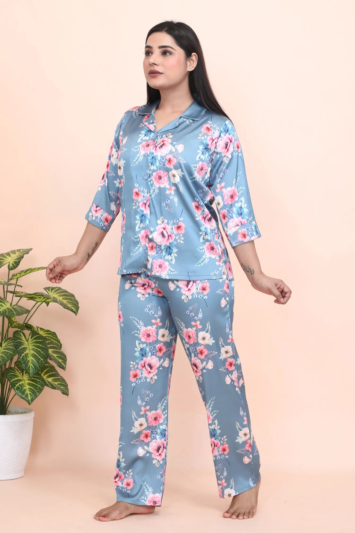Velure Classic Elegant Floral Print Night Suit - Velure - - 3/4 Sleeves, Collar Neck, Floral Print, Front Button Open, Full Length Pant, Satin