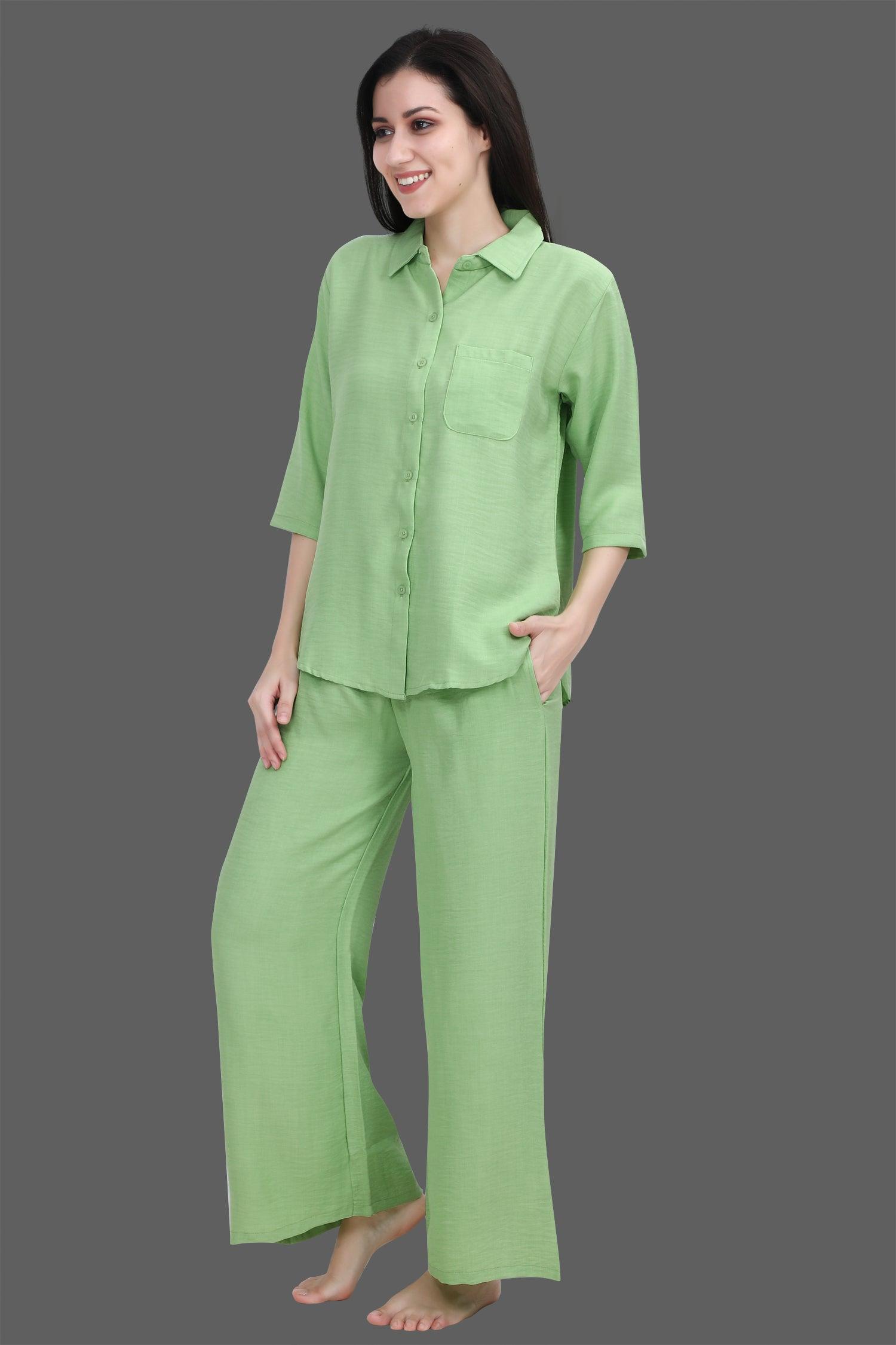 Velure Green Palazzo Night Suit Set - Velure - - 3/4 Sleeves, Collar Neck, Front Button Open, Full Length Pant, Linen