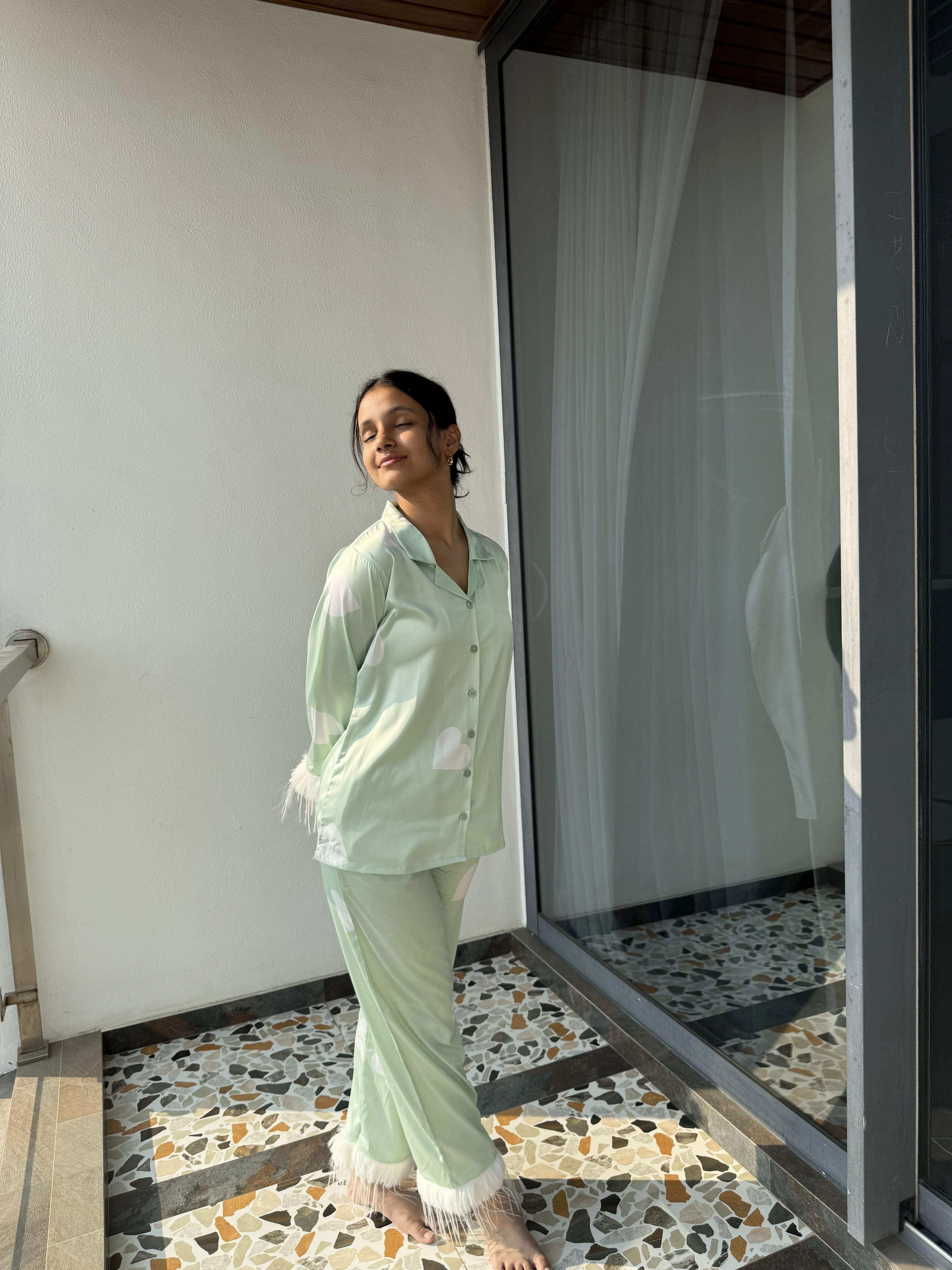 Velure Adorable Green Heart Printed Satin Fur Night Suit - Velure - Shirt and Pant - Detail-printedfur, Front Button Open, Full Length Pant, Fur, Satin