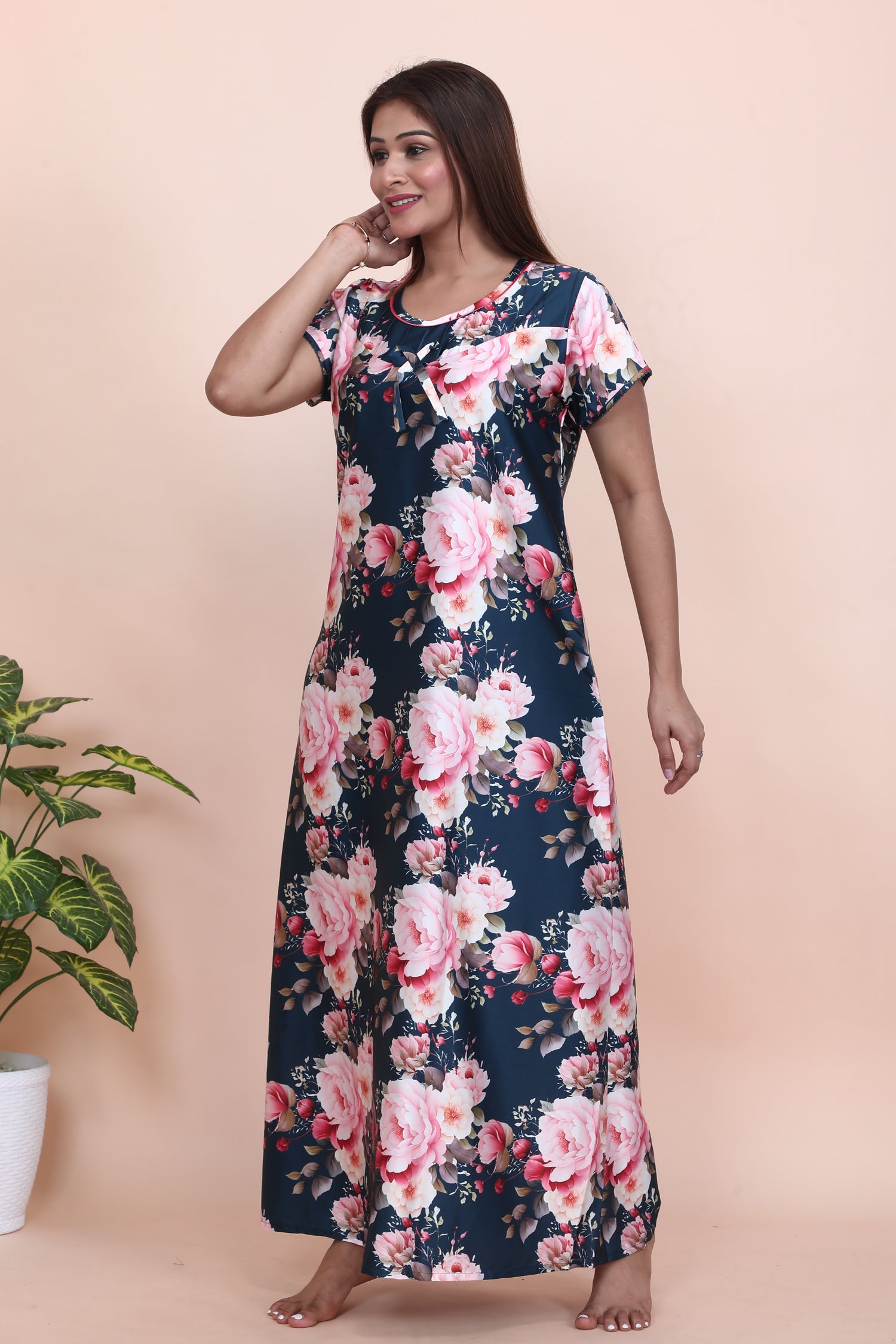 Velure Pleasing Floral Print Satin Nighty - Velure - - Floral Print, Half Sleeves Nighty, Satin