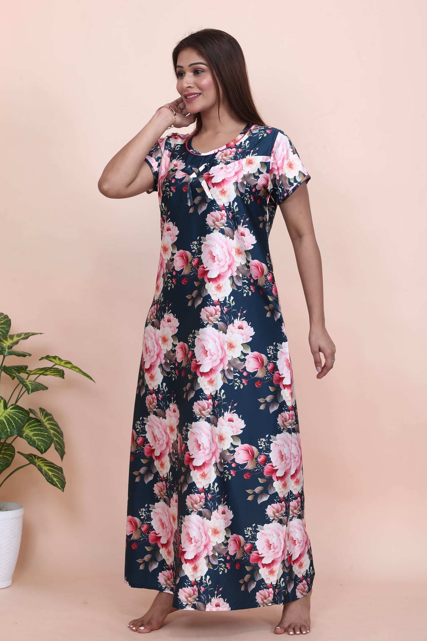 Velure Pleasing Floral Print Satin Nighty - Velure - - Floral Print, Half Sleeves Nighty, Satin