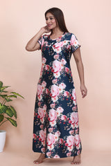 Velure Pleasing Floral Print Satin Nighty - Velure - - Floral Print, Half Sleeves Nighty, Satin