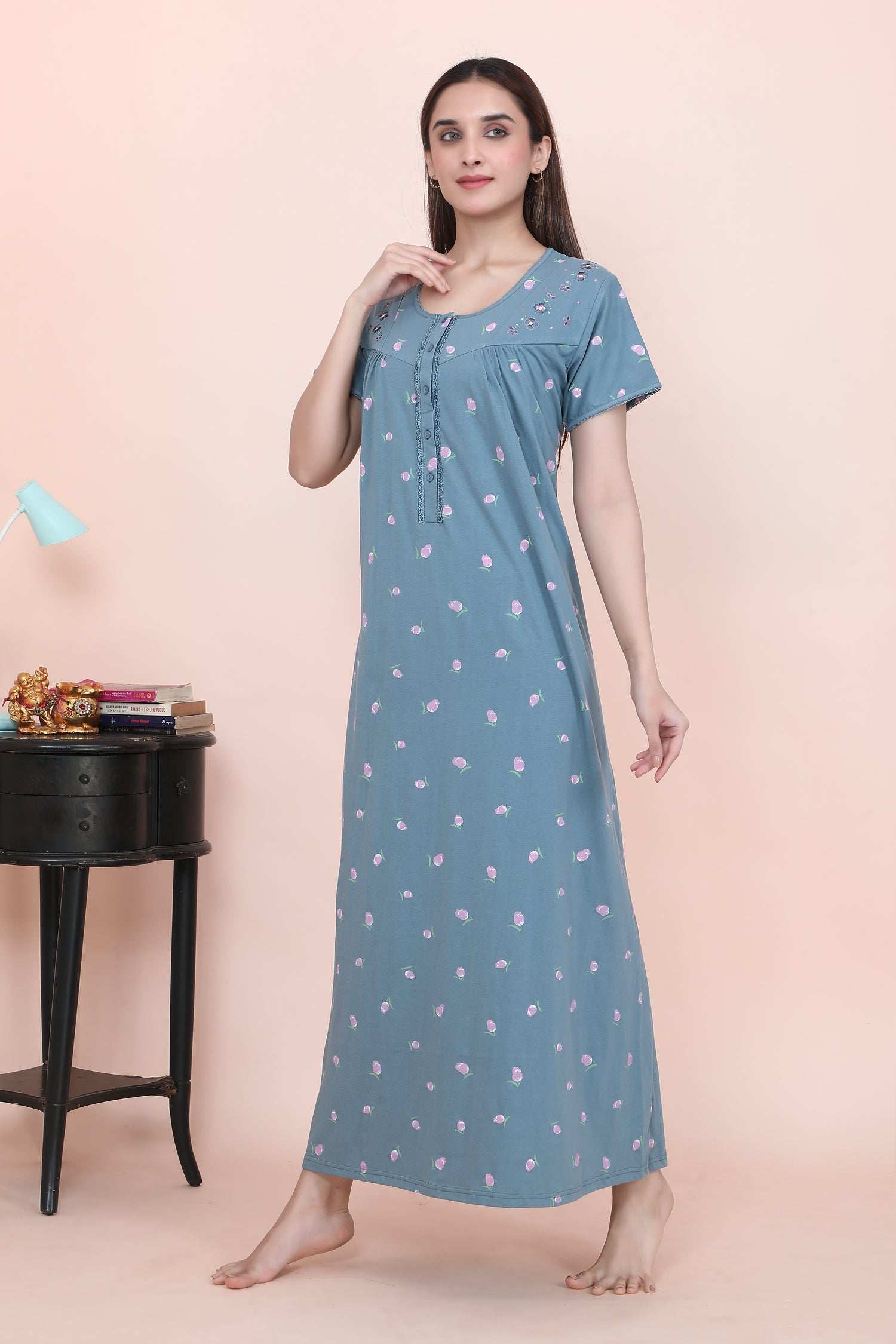 Velure Pleasing Floral Print Hosiery Nighty - Velure - - Floral Print, Full Length Nighty, Gathering Effect, Half Sleeves Nighty, Hosiery Cotton