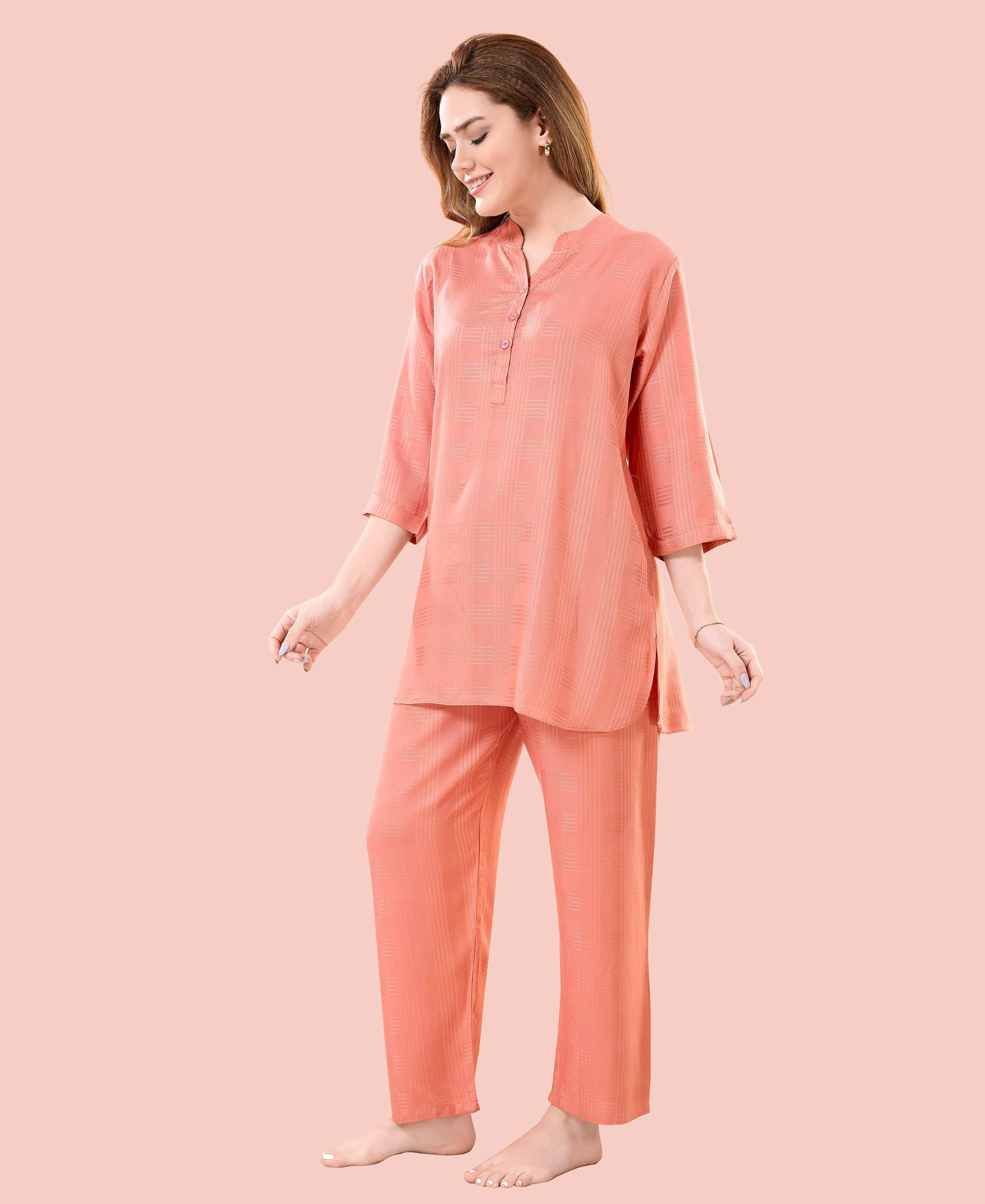 Velure Graceful Orange Kurti Style Night Suit - Velure - - 3/4 Sleeves, Collar Neck, Cotton, Front Button Open, Full Length Pant