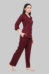 Velure Casual Maroon Satin Night Suit - Velure - Shirt and Pant - 3/4 Sleeves, Collar Neck, Front Button Open, Full Length Pant, Satin