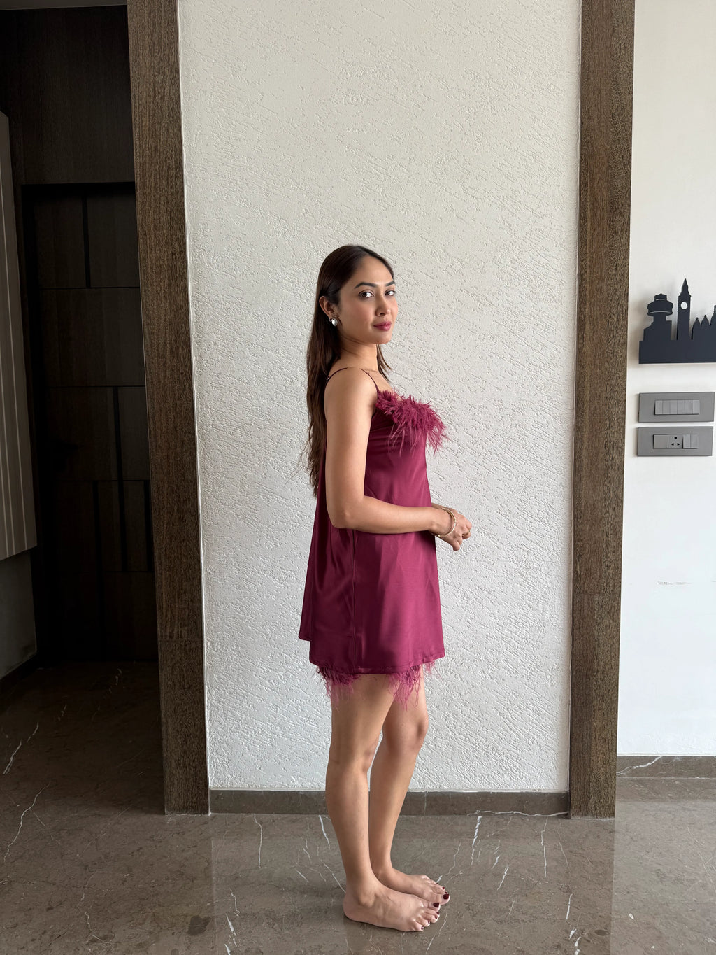 Velure Feathery Maroon Spaghetti Shorts Set