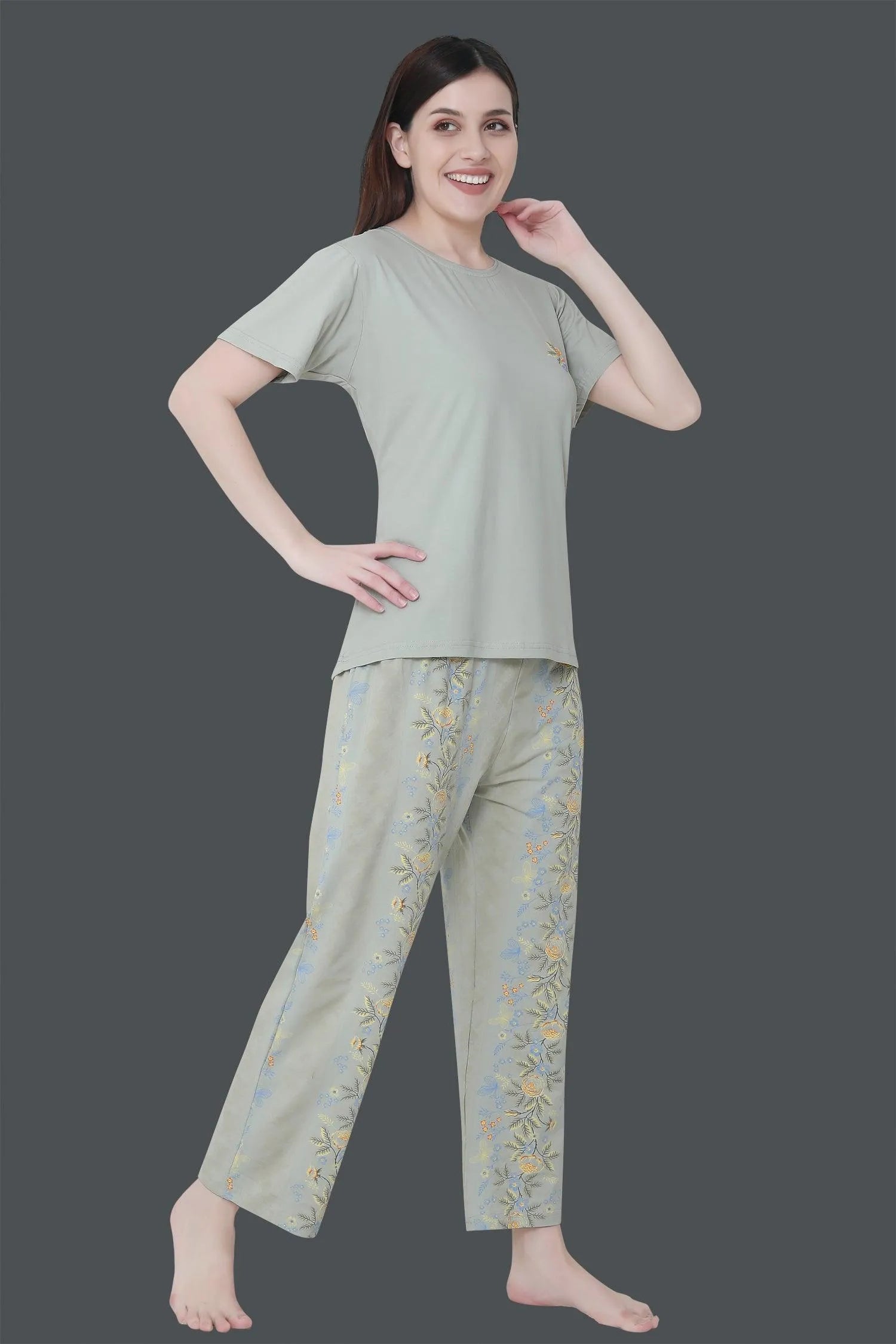 Velure Tunic Blossom Print Pajama Set - Velure - T-Shirt and Pant - Cotton, Floral Print, Full Length Pant, Half Sleeves, Round neck nightsuit