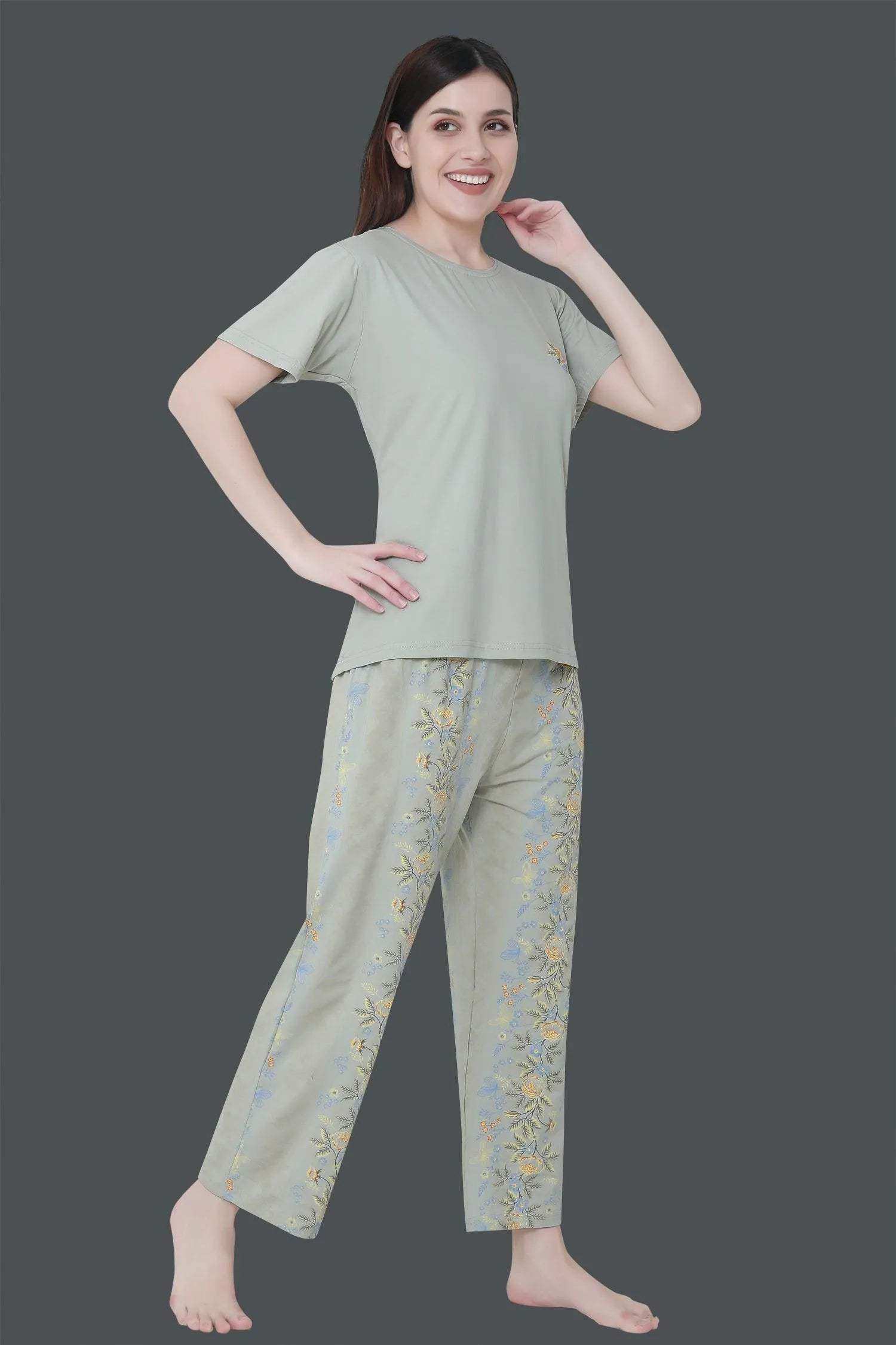 Velure Tunic Blossom Print Pajama Set - Velure - - Cotton, Floral Print, Full Length Pant, Half Sleeves, Round neck nightsuit