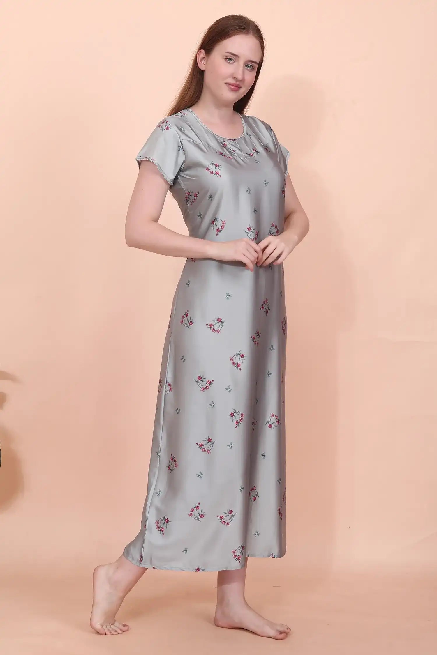 Velure Glossy Grey Floral Satin Nighty