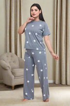 Velure Shiny Star Print Palazzo Night Suit - Velure - - Cotton Lycra Fabric, Full Length Pant, Half Sleeves, Round neck