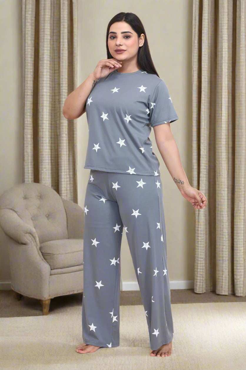 Velure Shiny Star Print Palazzo Night Suit - Velure - - Cotton Lycra Fabric, Full Length Pant, Half Sleeves, Round neck