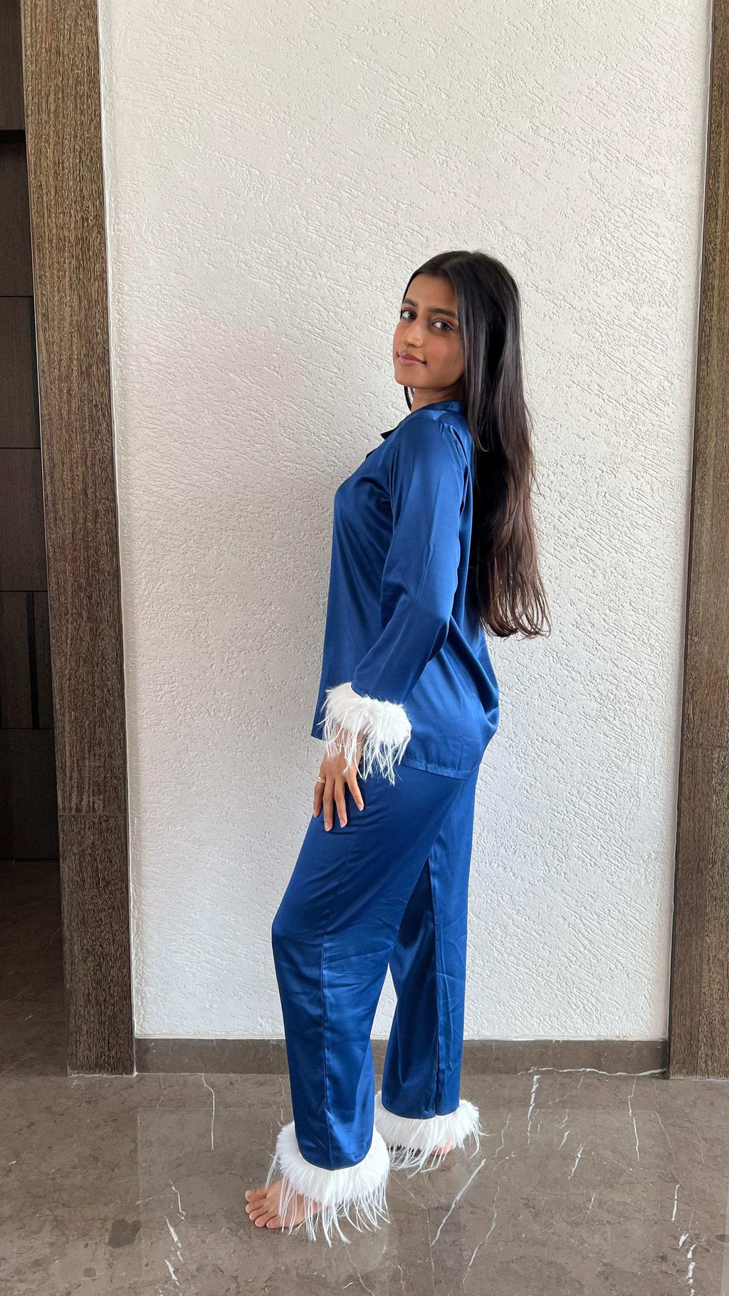 Velure Luxurious Royal Blue Fur Night Suit - Velure - - Collar Neck, Front Button Open, Full Length Pant, Full Sleeves, Fur, Satin