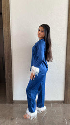 Velure Luxurious Royal Blue Fur Night Suit - Velure - - Collar Neck, Front Button Open, Full Length Pant, Full Sleeves, Fur, Satin
