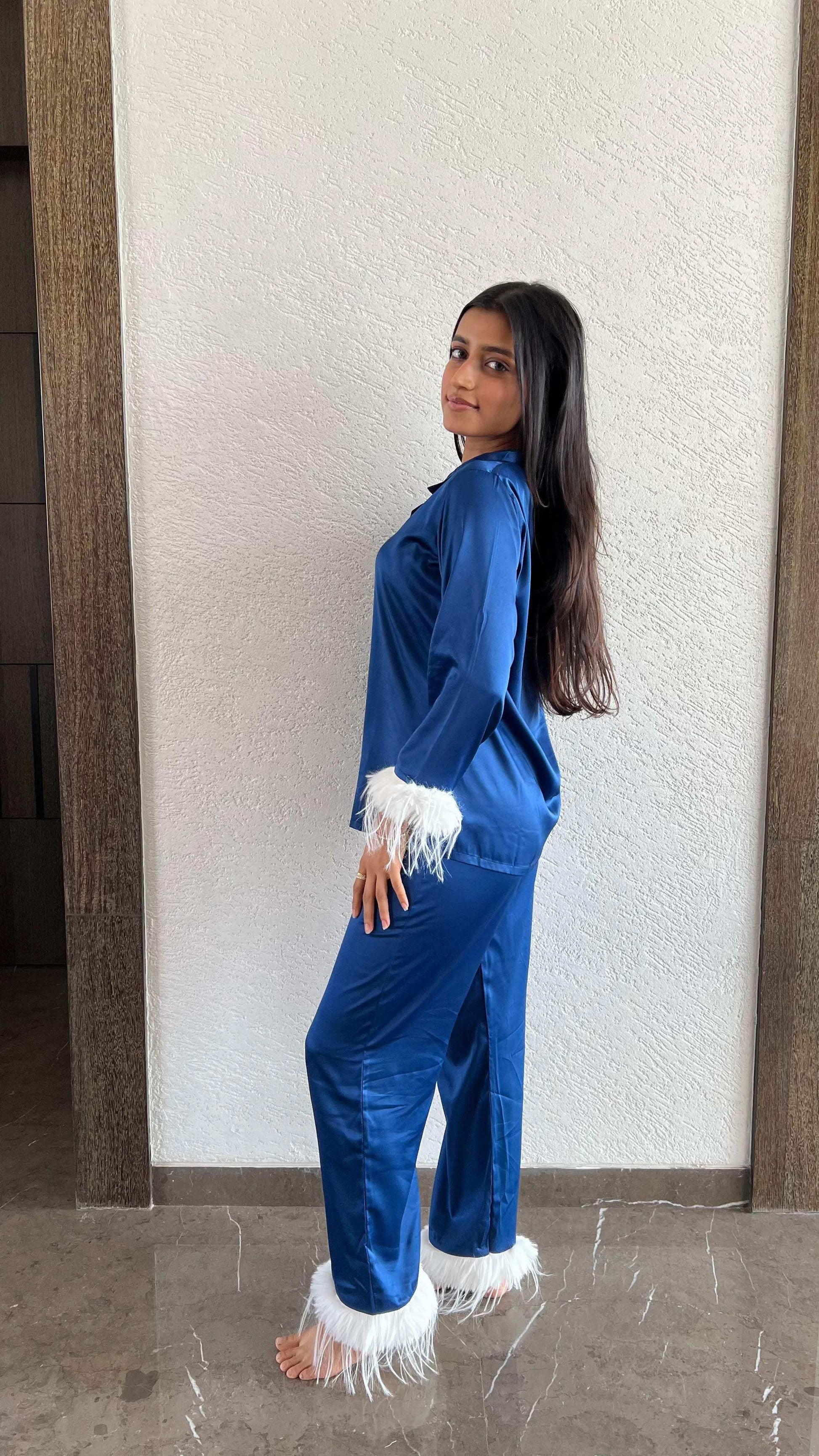Velure Luxurious Royal Blue Fur Night Suit - Velure - - Collar Neck, Front Button Open, Full Length Pant, Full Sleeves, Fur, Satin