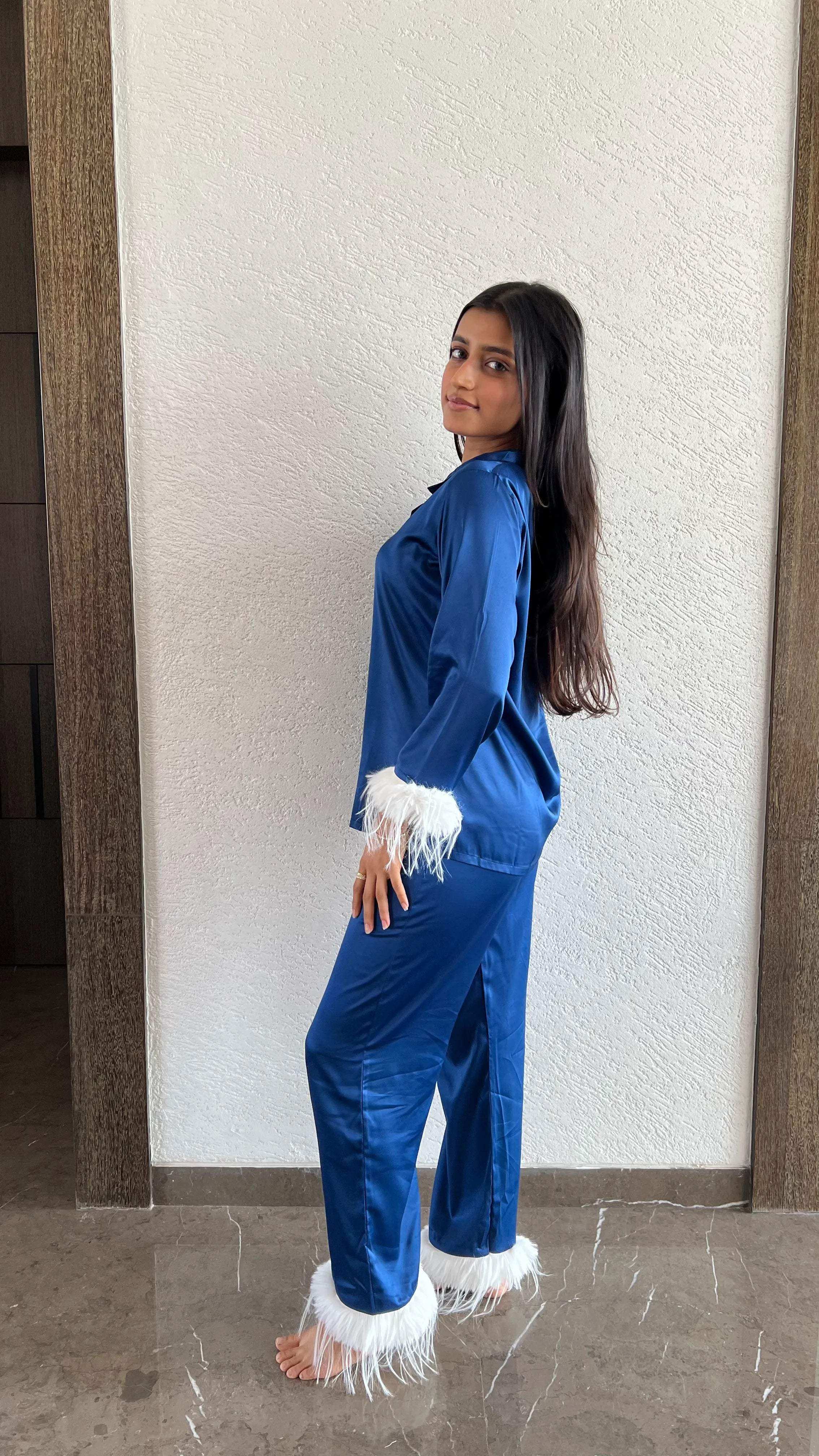 Velure Luxurious Royal Blue Fur Night Suit - Velure - - Collar Neck, Front Button Open, Full Length Pant, Full Sleeves, Fur, Satin