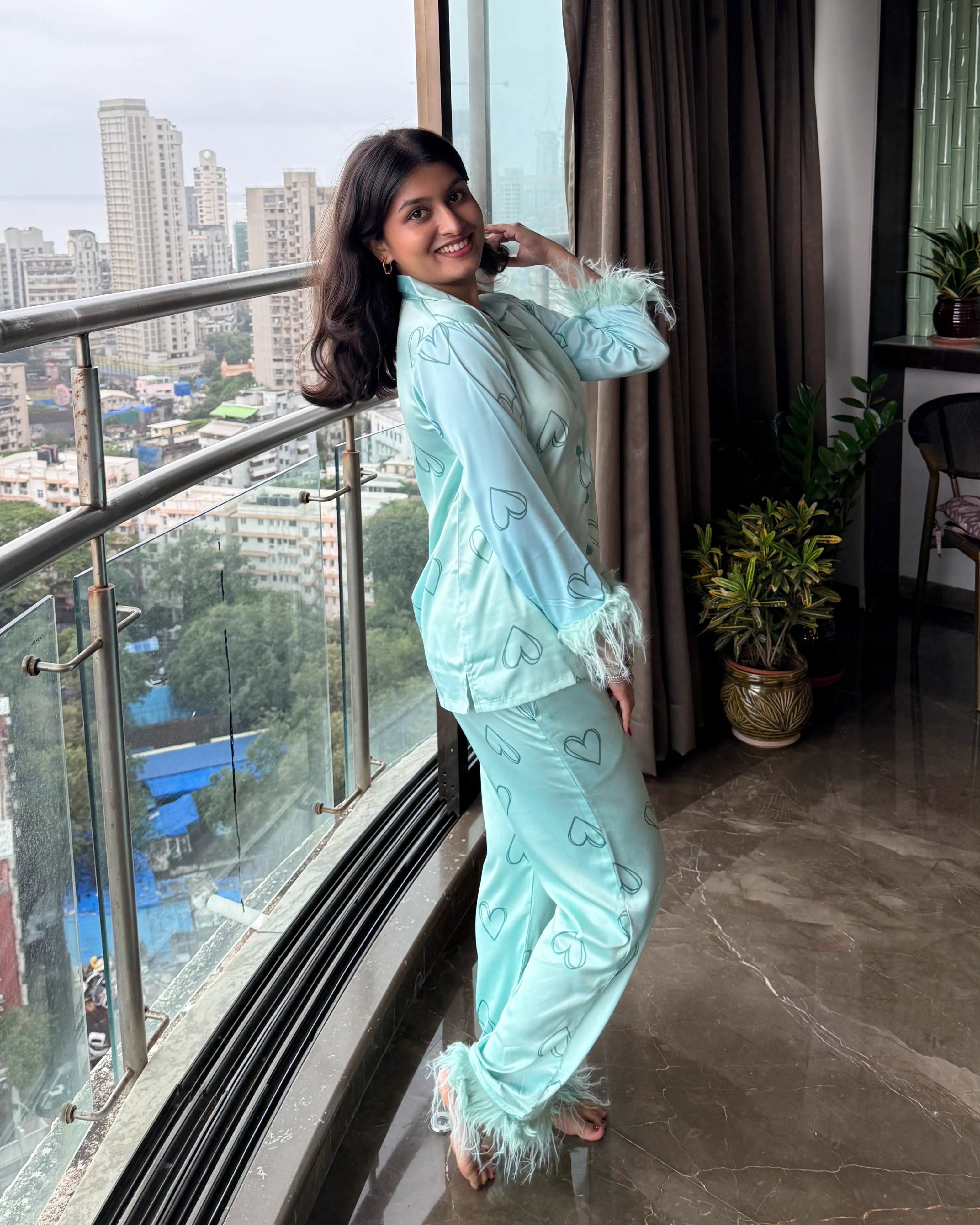 Velure Soothing Green Heart Fur Satin Sleepwear Set