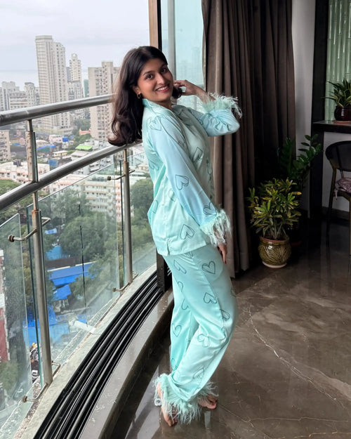 Velure Soothing Green Heart Fur Satin Sleepwear Set - Velure - - Front Button Open, Full Length Pant, Fur, Satin