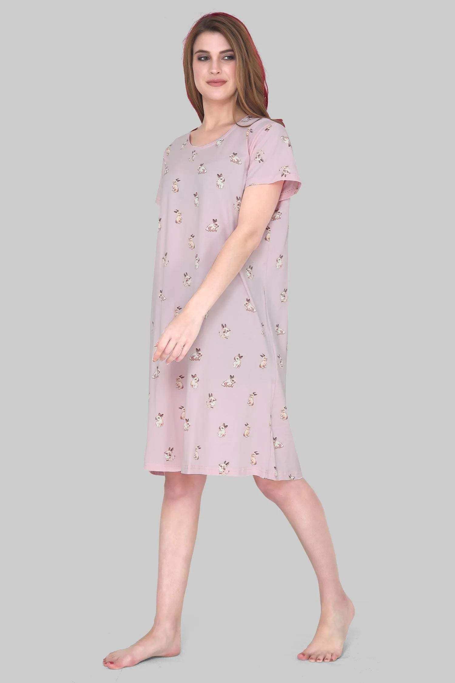 Velure Cute Bunny Print Short Nighty - Velure - - Cotton, Half Sleeves, Knee Length, Printed, Round neck