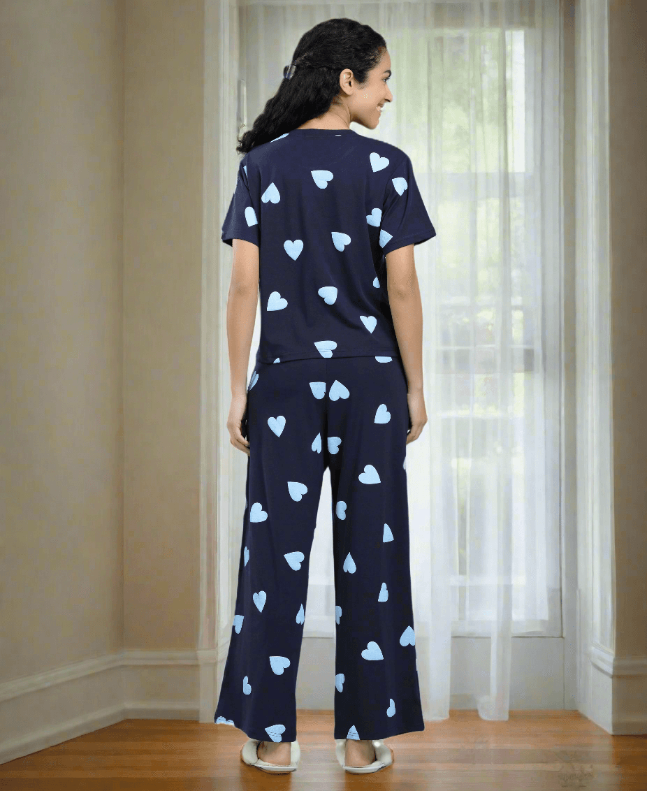 Velure Adorable Heart Print Palazzo Night Suit - Velure - - Full Length Pant, Half Sleeves, Round neck nightsuit