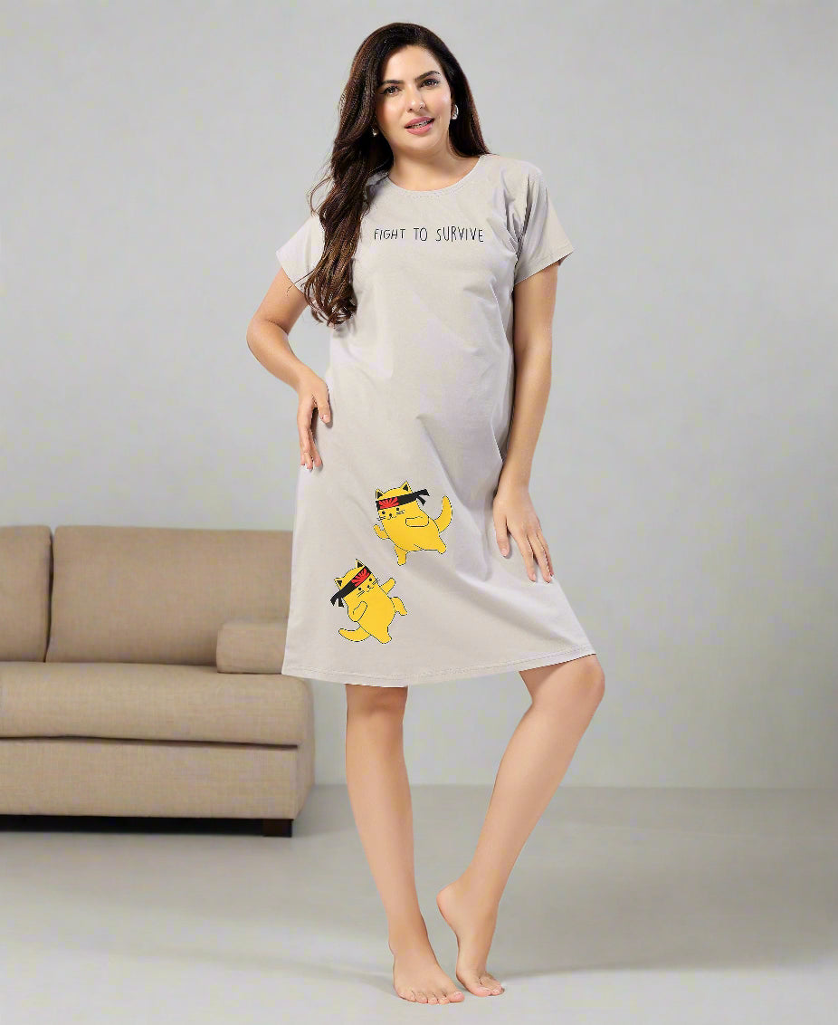 Velure Fusion Short Nighty - Velure - - Cotton, Half Sleeves, Knee Length, Printed, Round neck