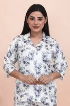 Velure Luxurious Cream Satin Night Suit - Velure - - 3/4 Sleeves, Collar Neck, Floral Print, Front Button Open, Full Length Pant, Satin