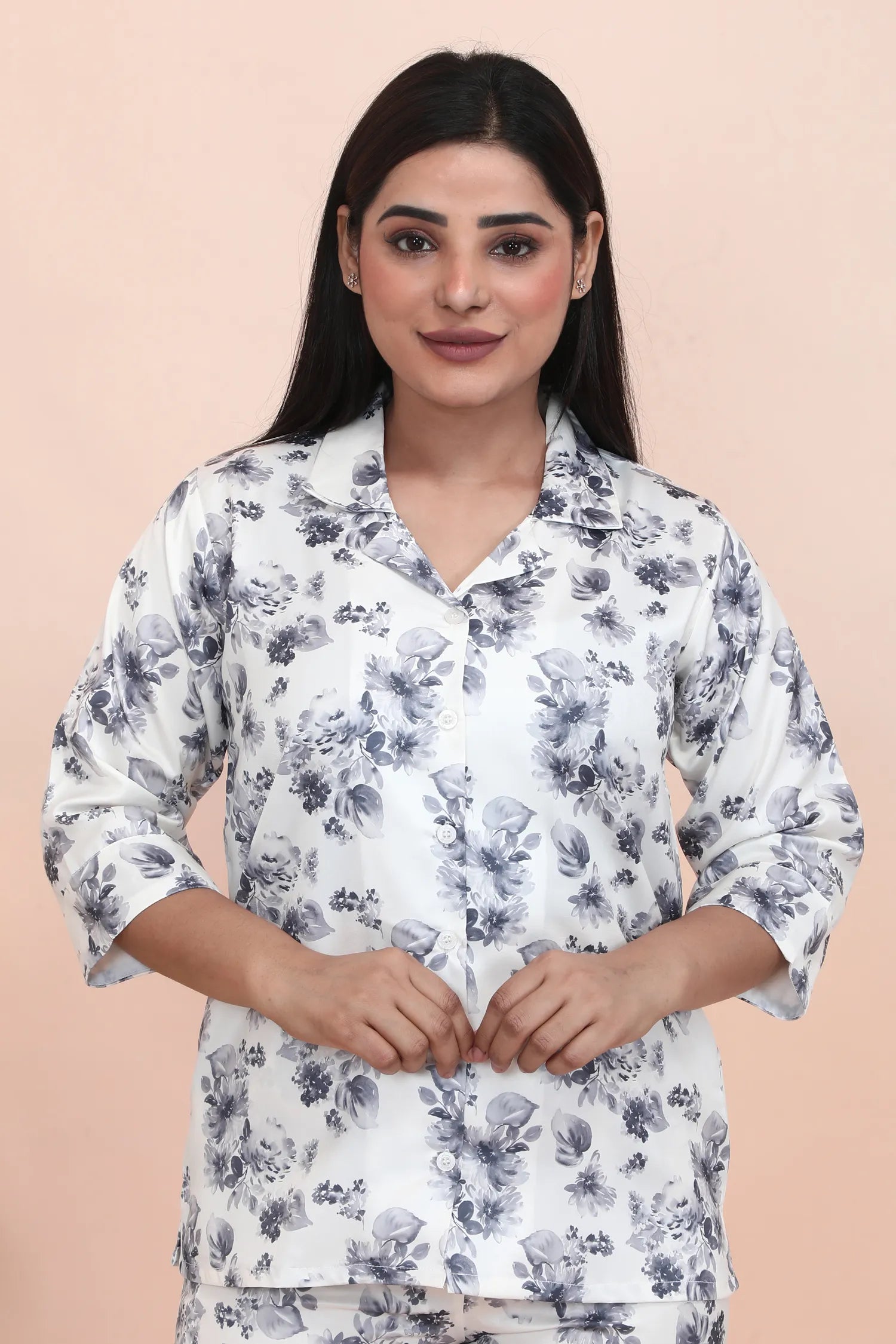 Velure Luxurious Cream Satin Night Suit - Velure - - 3/4 Sleeves, Collar Neck, Floral Print, Front Button Open, Full Length Pant, Satin