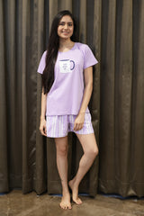 Velure Stunning Purple Shorts Set - Velure - Short sets - Cotton Lycra Fabric, Half Sleeves, Printed, Round neck, Shorts