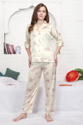 Velure Ravishing Floral Print Satin Night Suit - Velure - - 3/4 Sleeves, Collar Neck, Floral Print, Front Button Open, Full Length Pant, Satin