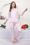 Velure Graceful Floral Print Satin Night Suit - Velure - - 3/4 Sleeves, Collar Neck, Floral Print, Front Button Open, Full Length Pant, Satin