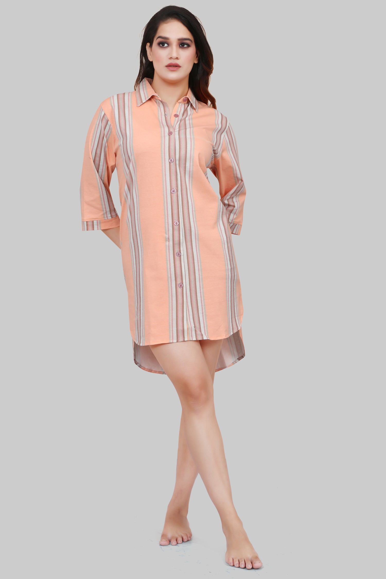 Velure Classic Orange Stripes Short Night Shirt - Velure, Night Shirt, Discover a comfortable and stylish night's sleep with the Velure Classic Orange Stripes Short Night Shirt. This knee-length garment features a collar, front button placket, and half sleeves for a blend of fashion and relaxation. The elegant stripes design adds a refined touch to this sleek nightgown. Order now for ultimate comfort.