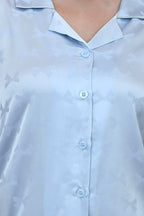 Velure Ethnic Bow Print Satin Night Suit - Velure - - 3/4 Sleeves, Collar Neck, Front Button Open, Full Length Pant, Satin
