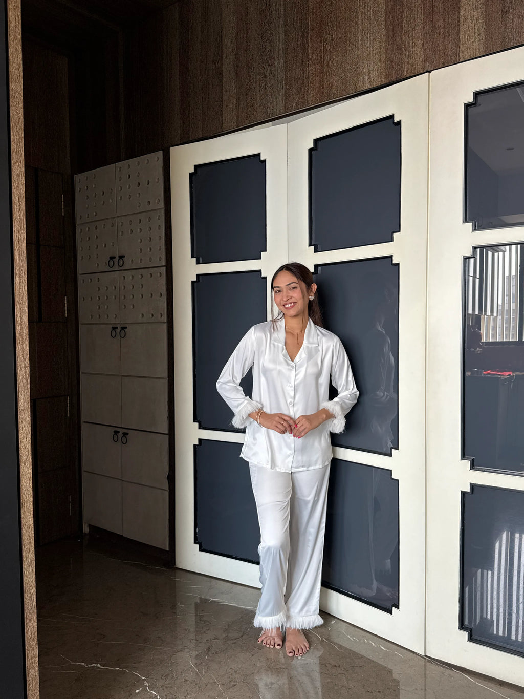 Velure Grey Shimmering Star Fur Satin Sleepwear Set