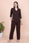 Velure Brown Roses Textured Print Satin Night Suit - Velure - - 3/4 Sleeves, Collar Neck, Floral Print, Front Button Open, Full Length Pant, Printed, Satin