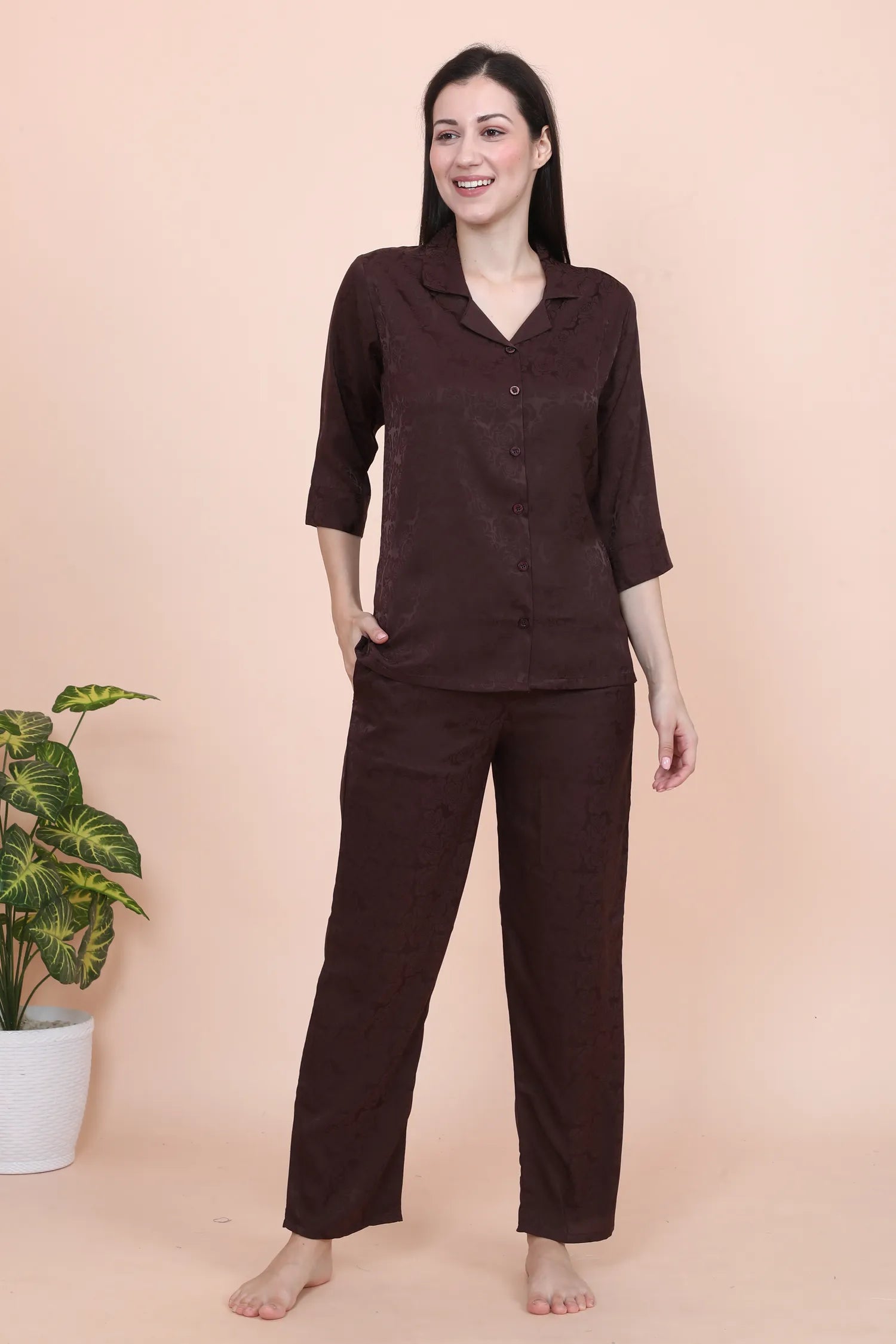 Velure Brown Roses Textured Print Satin Night Suit