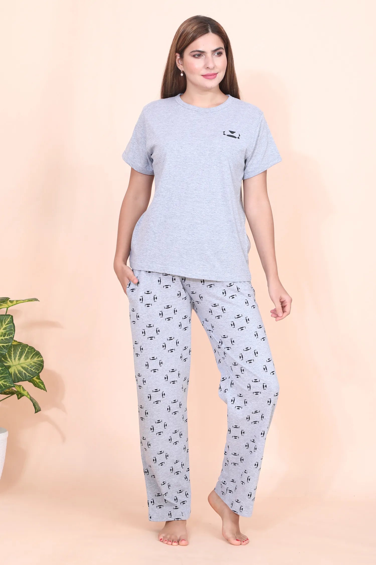 Velure Stylish Grey Printed Pajama Set