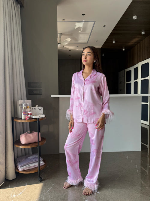 Velure Trendy Cheetah Print Satin Sleepwear Set - Velure - - 3/4 Sleeves, Collar Neck, Front Button Open, Full Length Pant, Printed, Satin