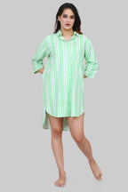 Velure Classic Green Stripes Short Night Shirt - Velure - - 3/4 Sleeves, Collar Neck, Cotton, Front Button Open