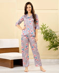 Velure Tunic Elegant Floral Print Night Suit - Velure - - 3/4 Sleeves, Collar Neck, Floral Print, Front Button Open, Full Length Pant, Satin