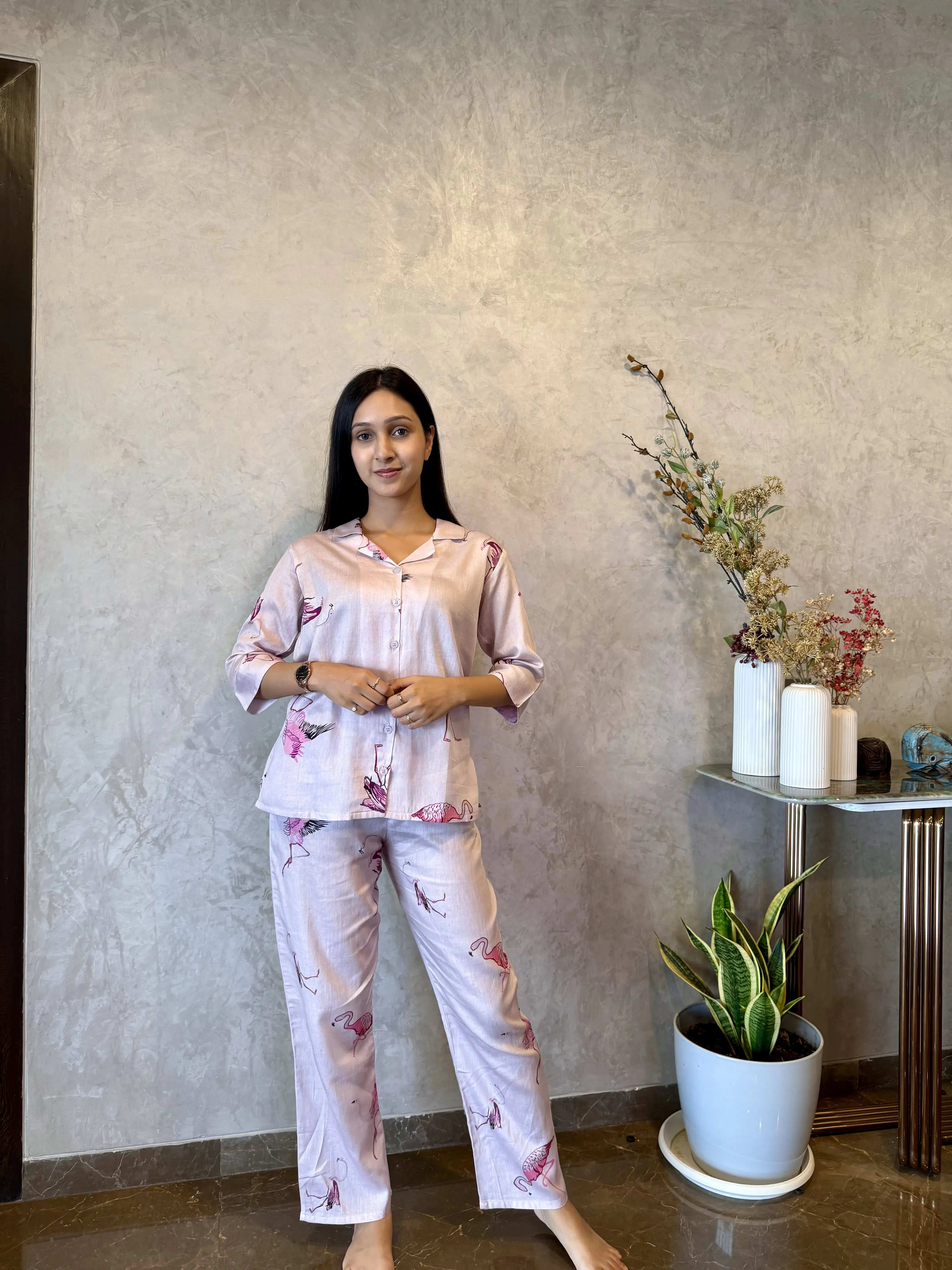 Velure Adorable Pink Flamingo Print Cotton Night Suit