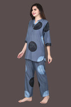 Velure Dazzling Polka Dot Print Kurti Style Night Suit - Velure - - 3/4 Sleeves, Collar Neck, Full Length Pant, Linen, Printed