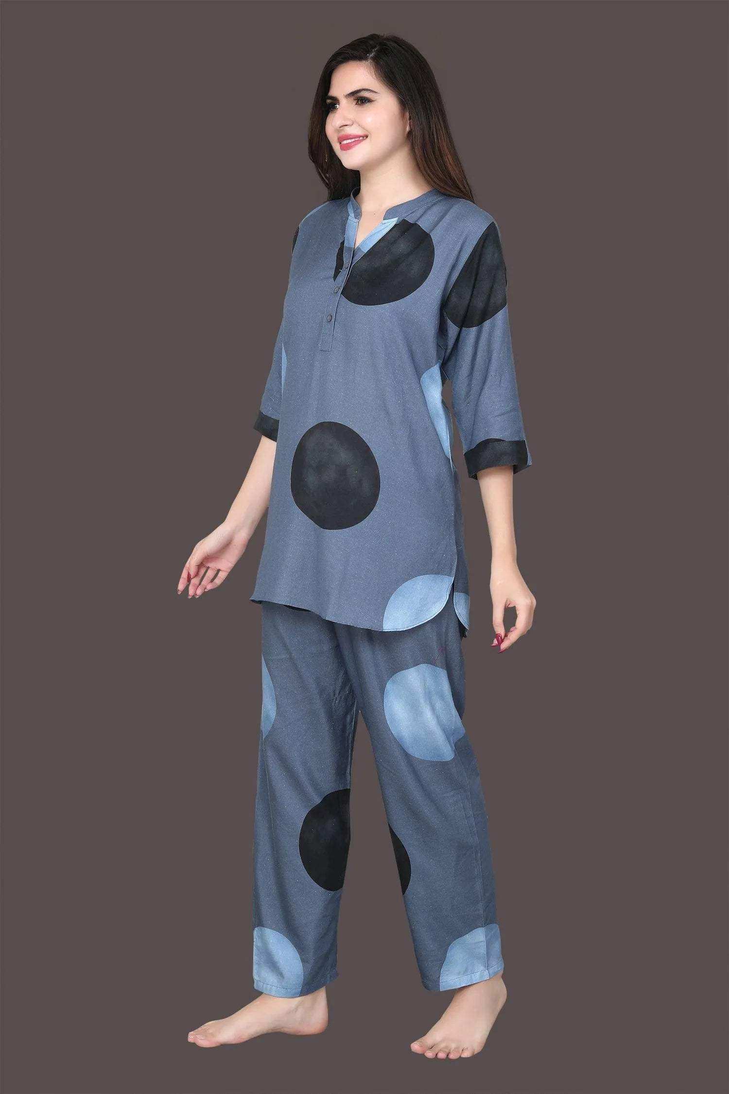 Velure Dazzling Polka Dot Print Kurti Style Night Suit - Velure - - 3/4 Sleeves, Collar Neck, Full Length Pant, Linen, Printed