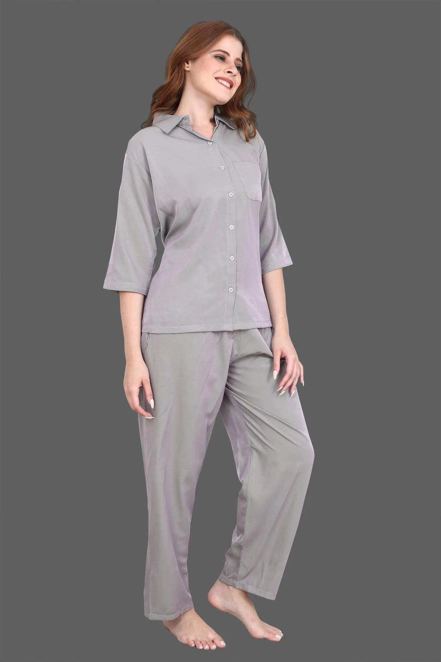 Velure Solid Grey Casual Co-ord Set - Velure - - 3/4 Sleeves, Collar Neck, Cotton, Front Button Open, Full Length Pant