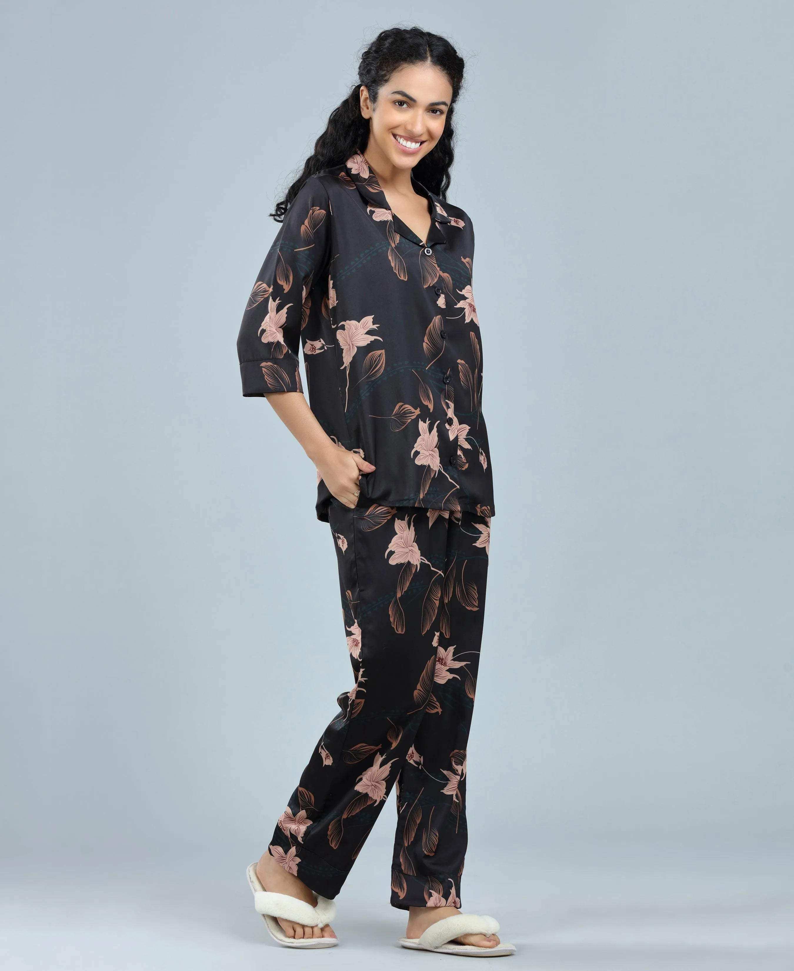 Velure Beautiful Floral Satin Print Night Suit - Velure - - 3/4 Sleeves, Collar Neck, Floral Print, Front Button Open, Full Length Pant, Satin