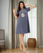 Velure Vibrant Coffee Time Short Nighty - Velure - - Cotton, Knee Length, Printed, Round neck
