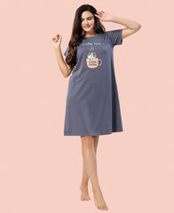 Velure Vibrant Coffee Time Short Nighty - Velure - - Cotton, Knee Length, Printed, Round neck